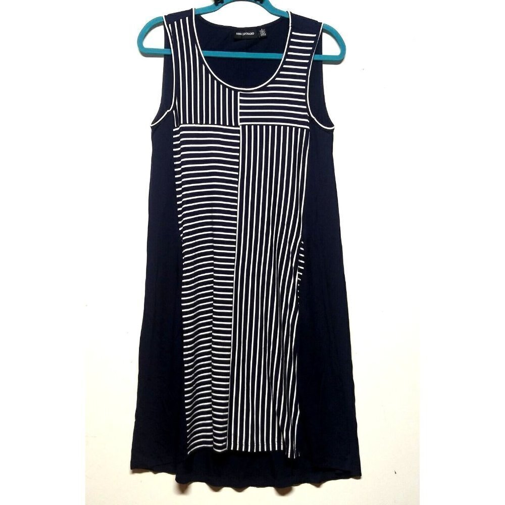 Nina Leonard Dress Womens S/M Blue White Stripes Sleeveless Pockets Cruise Wear